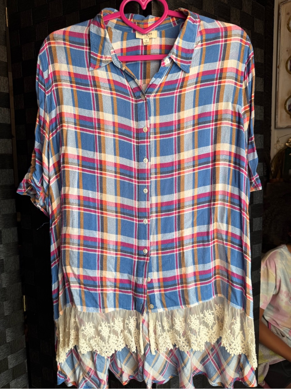 Umgee Blue Plaid Button-Up Top with Lace Trim
